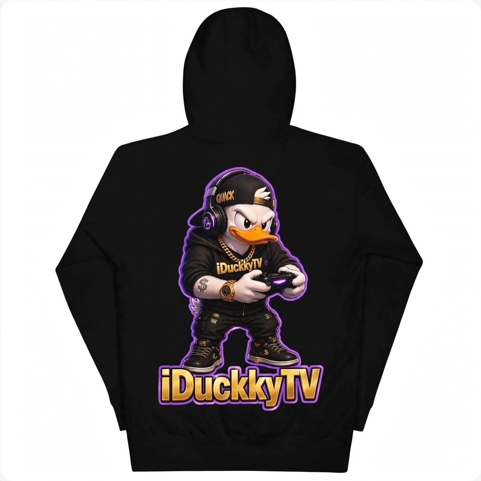 Black hoodie with the full-body duck mascot printed large over the gold iDuckkyTV wordmark