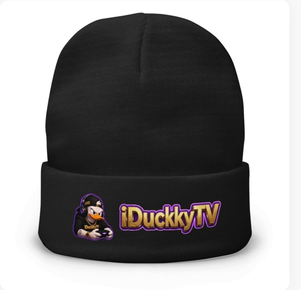Black iDuckkyTV beanie with the duck mascot beside the gold iDuckkyTV wordmark