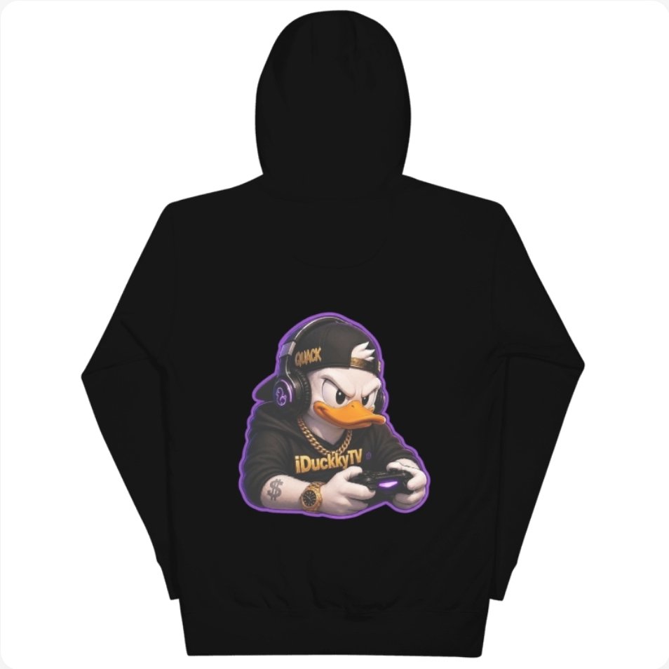 Back of the black iDuckkyTV hoodie: the duck mascot wearing a headset and QUACK cap, holding a game controller